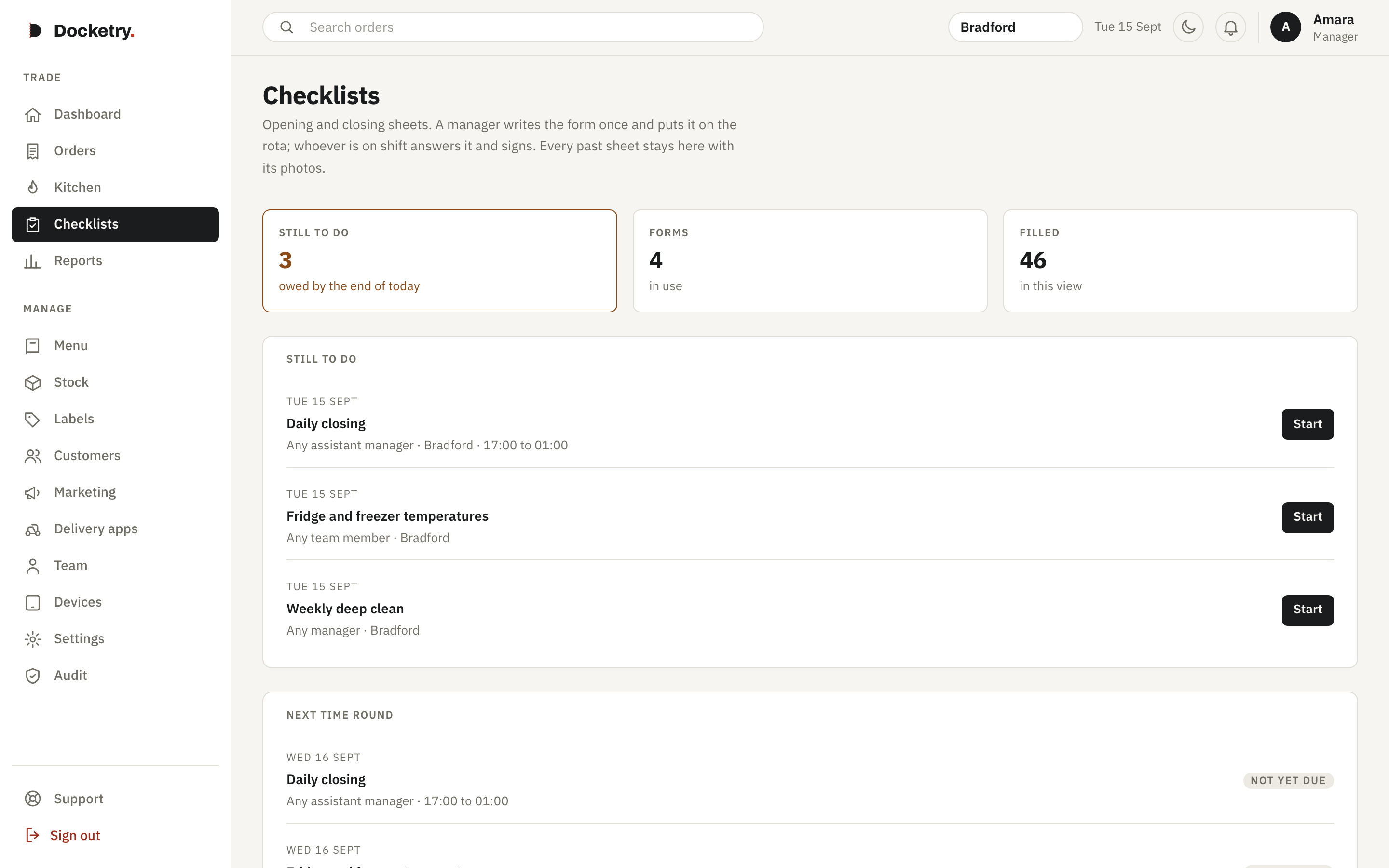 Opening and closing checklists showing what is still to do today.