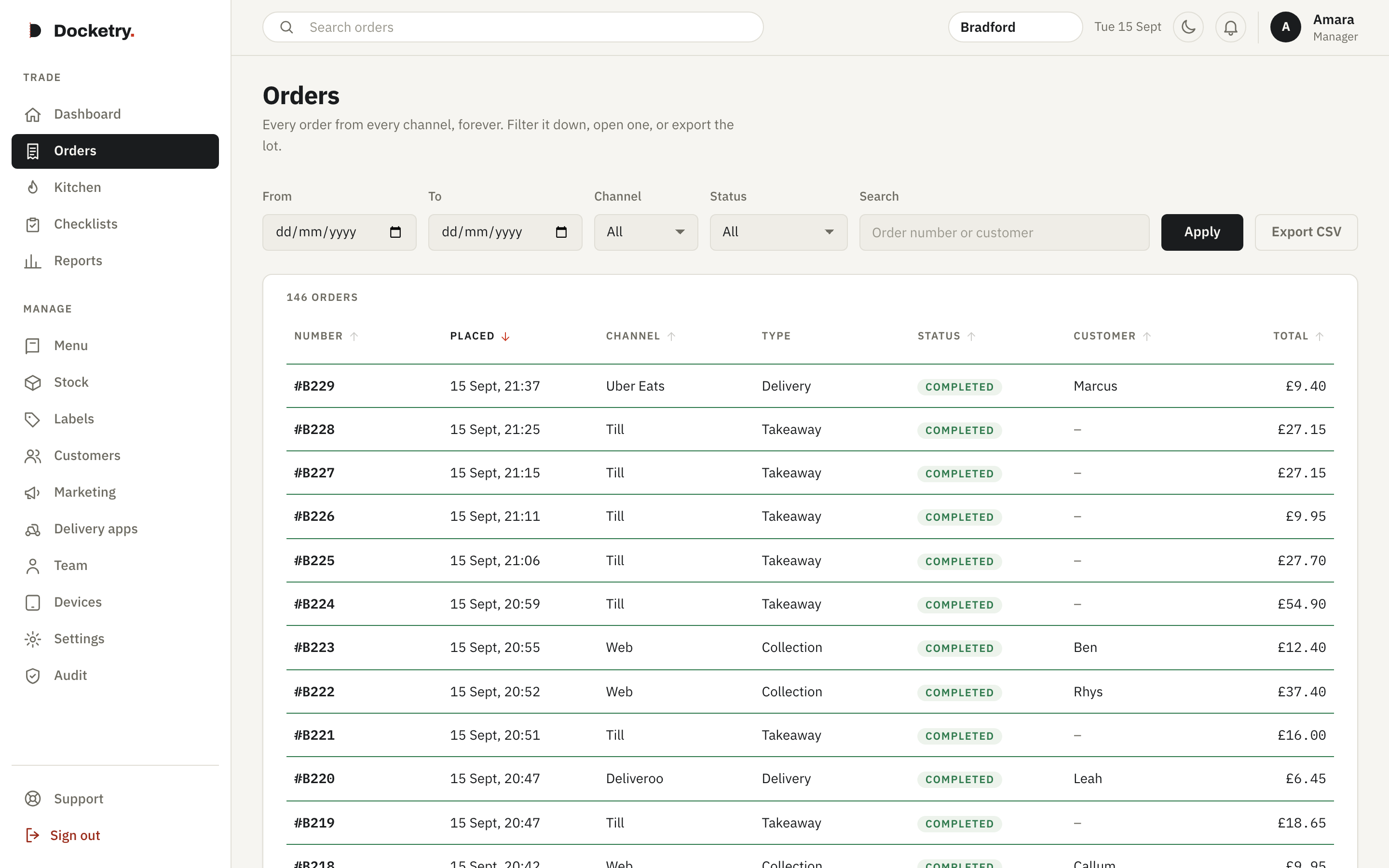 Every order in one list, with its channel, its total and its state.